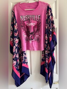 NASHVILLE Custom Upcycled Pink Graphic Tee Poncho Kimono Sleeve OSFM OOAK BOHO
